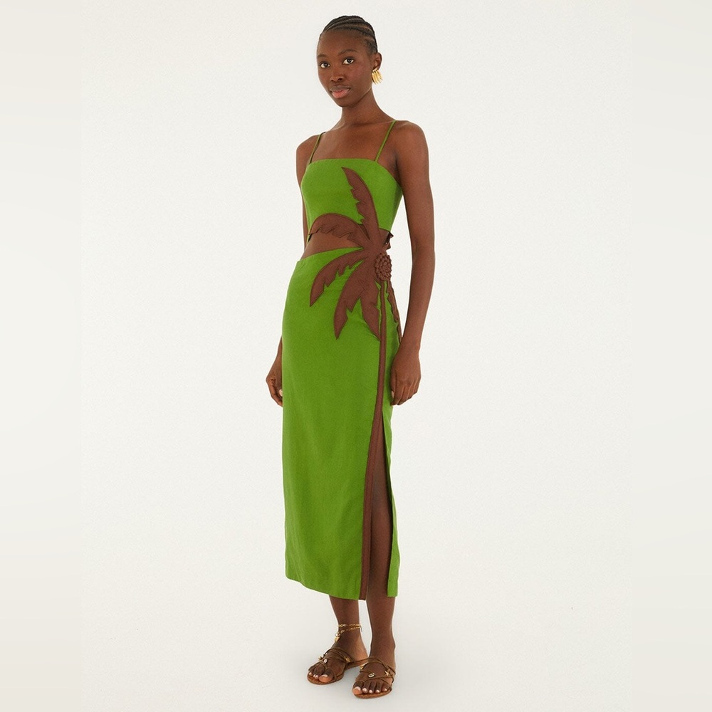 Farm Rio Green 3d Palm Tree Cut-Out Midi Dress Size XXS New with Tags